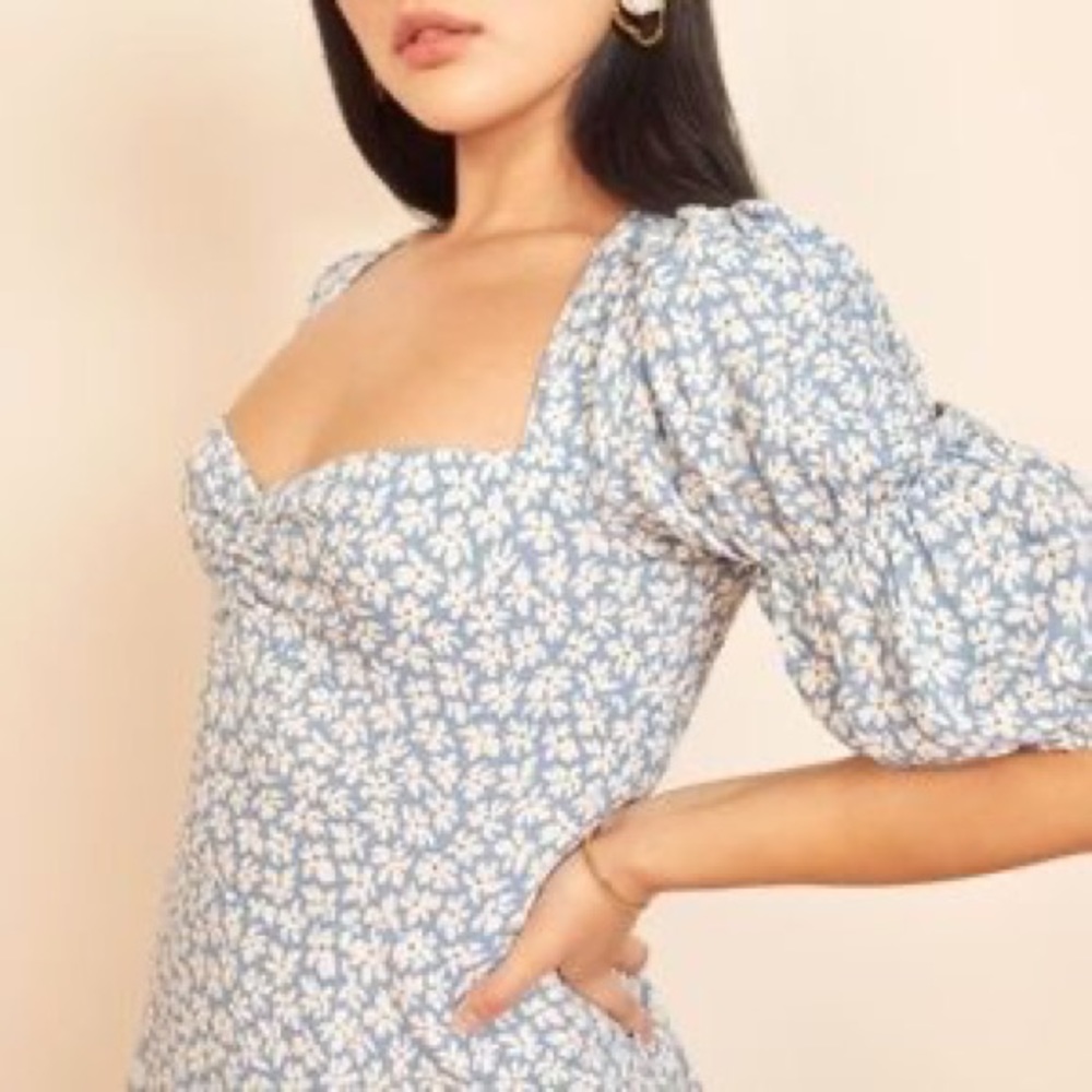 Reformation Light Blue and White Puff-Sleeve Square-Neck Mini Dress - Picture 9 of 9